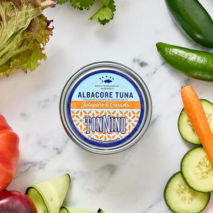 Tonnino Tuna Fish Albacore - Premium chunk in water with Jalapeño & Carrots ??Pack of 12 ??Alternative to Salmon ??Protein Snacks ??Ready to Eat Meals in can
