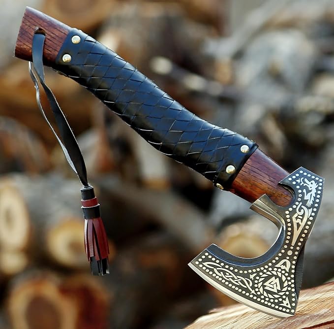 SHINY CRAFTS®- Engraved Viking Axe – Gift for Outdoorsman Hand-Forged Hatchet with Leather Wrap Ideal for Holiday or Wedding Gifts (SCA-10)