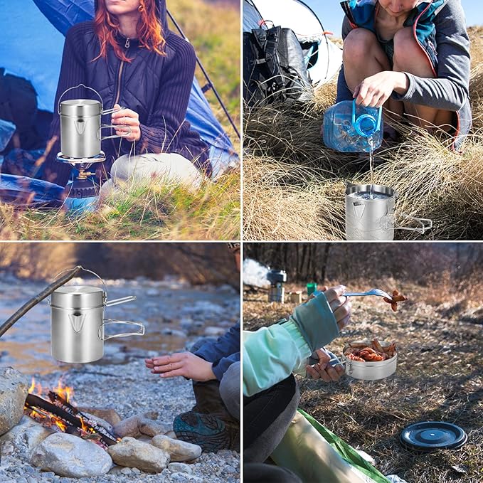 Lixada Camping Cooking Kettle 1L Stainless Steel Pot with Foldable Handle and Dual Use Cover Portable for Hiking Backpacking Picnic