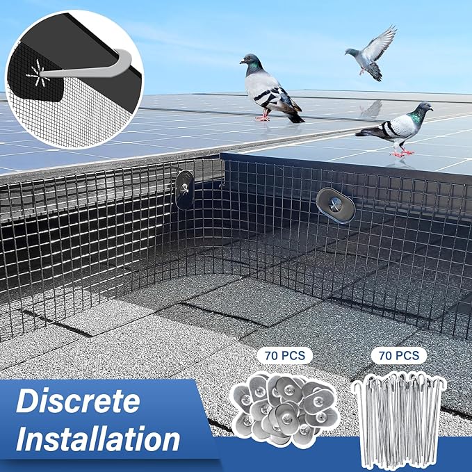 Solar Panel Bird Guard,8in x 100ft Critter Guard Galvanized PVC Coated Mesh Roll Kit,Black Pigeon Solar Panel Mesh with 70 Fastener Clips, ½ inch Wire Critter Guard for Solar Panels