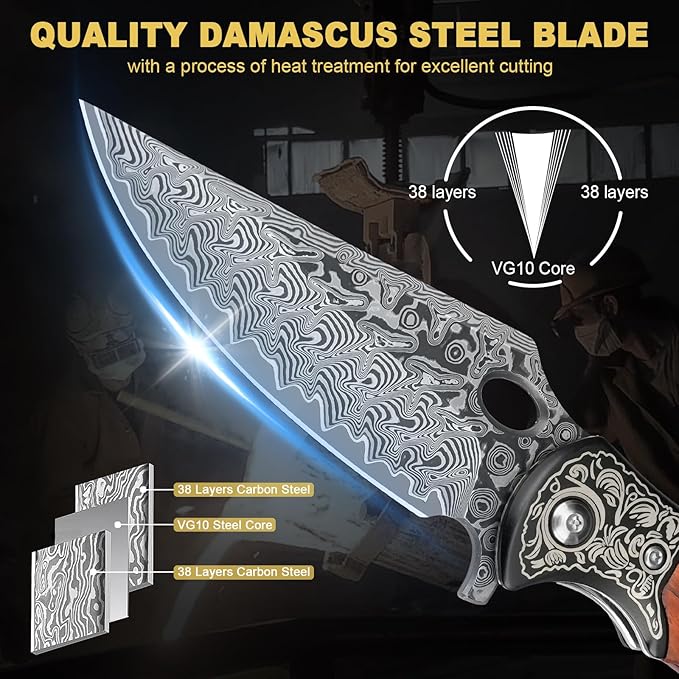 Damascus Pocket Knife, 3.3" Damascus Blade Wooden Handle EDC Pocket Knives & Folding Knives for Men Women