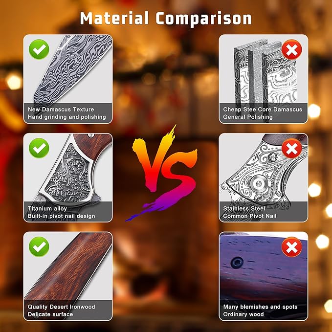 Damascus Pocket Knife, EDC Folding Knife, Titanium Frame Desert Ironwood Handle, Front Flipper and Thumb Stud Open