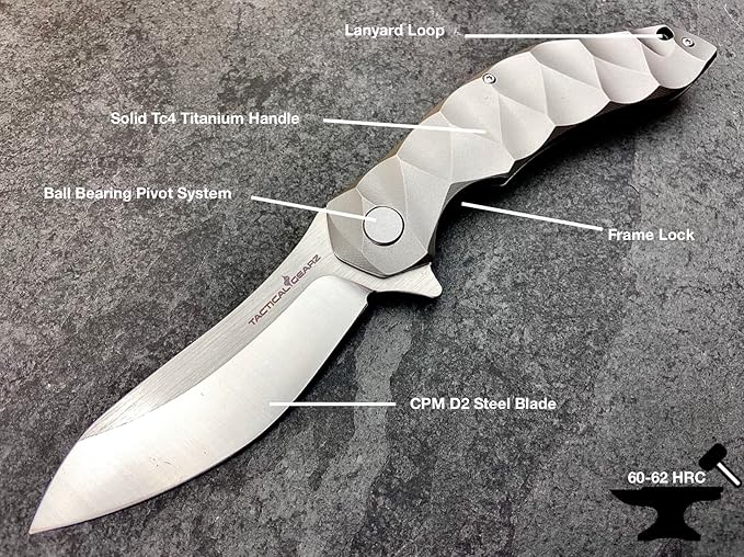 TACTICAL GEARZ Titanium Pocket Folding Knife, Solid Tc4 Titanium Handle, Razor Sharp CPM-D2 Steel DAO Blade, Includes Sheath (Ares)