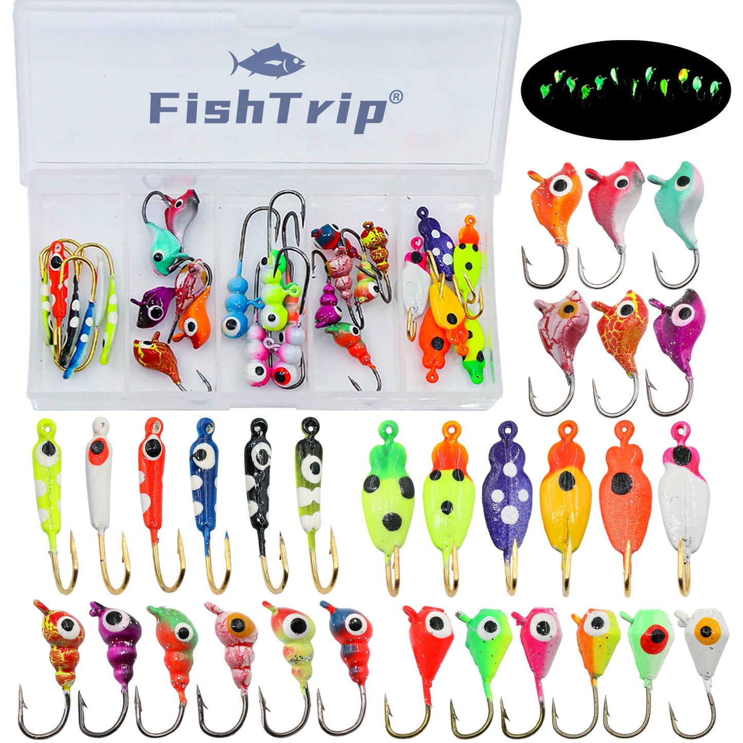 FishTrip Ice Fishing Jigs Kit, Glow Jig Lure Set for Winter Ice Fishing