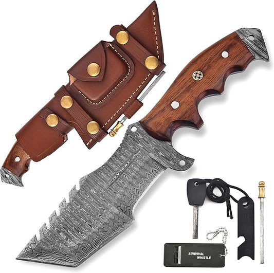 KIMPE 10.5?™â€?Damascus Hunting Knife with Leather Sheath-Fixed Blade EDC Knife-Bushcraft Knives-Wood Handle-Best Camping & Survival Knives-Knives for Men. (Walnut Wood)