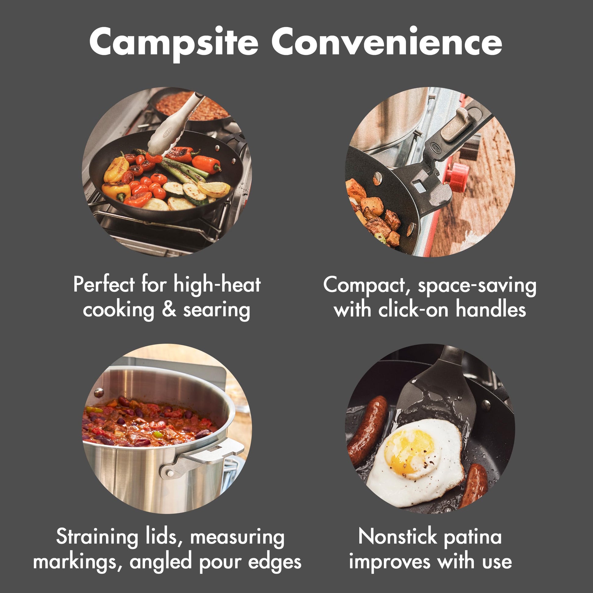 OXO Outdoor 8 Piece Camping Cookware Set, 10" Pre-Seasoned Carbon Steel Frying Pan Skillet, 2.25QT