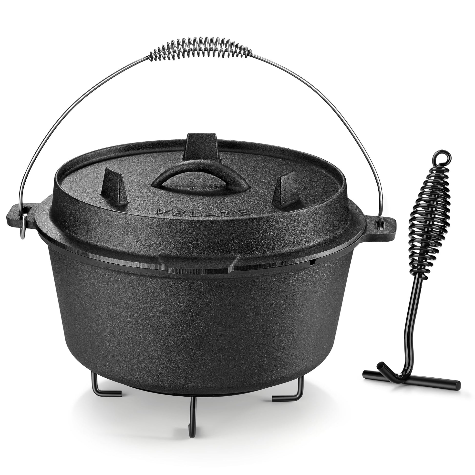 Velaze 10 QT Pre-Seasoned Cast Iron Camping Dutch Oven Pot with Lid