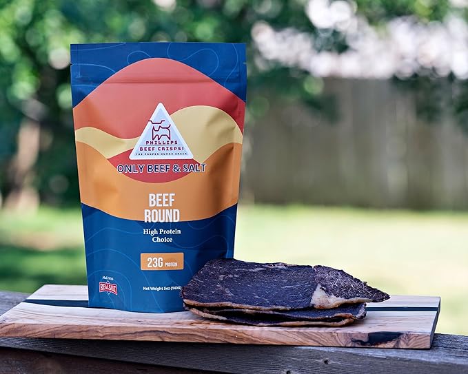 Phillips Beef Crisps - Round - Only Beef & Salt - Zero Carbs - Zero Sugar - High Protein Meat Snacks - 23g Protein