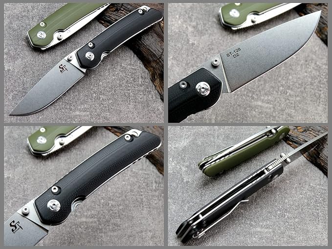 Sitivien ST128 Folding Knife,D2 Blade G10 Handle Safety Liner Lock EDC Tool Knife for Outdoor Hiking Camping-Black