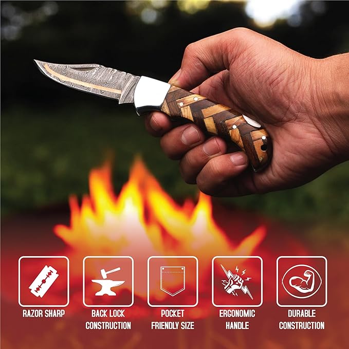 6.5 inch Damascus Pocket Knife with Sheath, Handmade Folding Pocket Knife for Men, Black-Red Wooden Handle with Brass Bolster, Secure Lock Back Camping Knife for EDC,Hunting,Hiking (Copper Damascus)