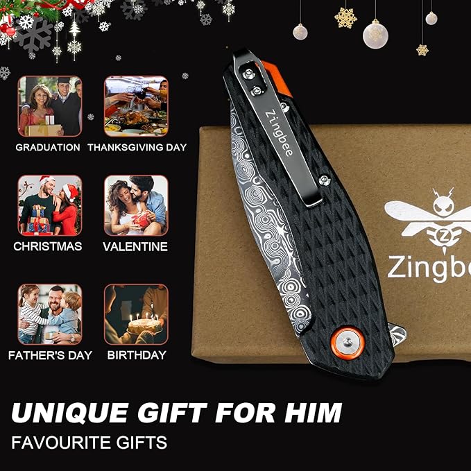 Damascus Folding Knife, 3.03" Damascus Steel Blade Pocket Knives with Clip, Black Aluminum Handles, Camping Folding Knife for Hunting Fishing Hiking Outdoor