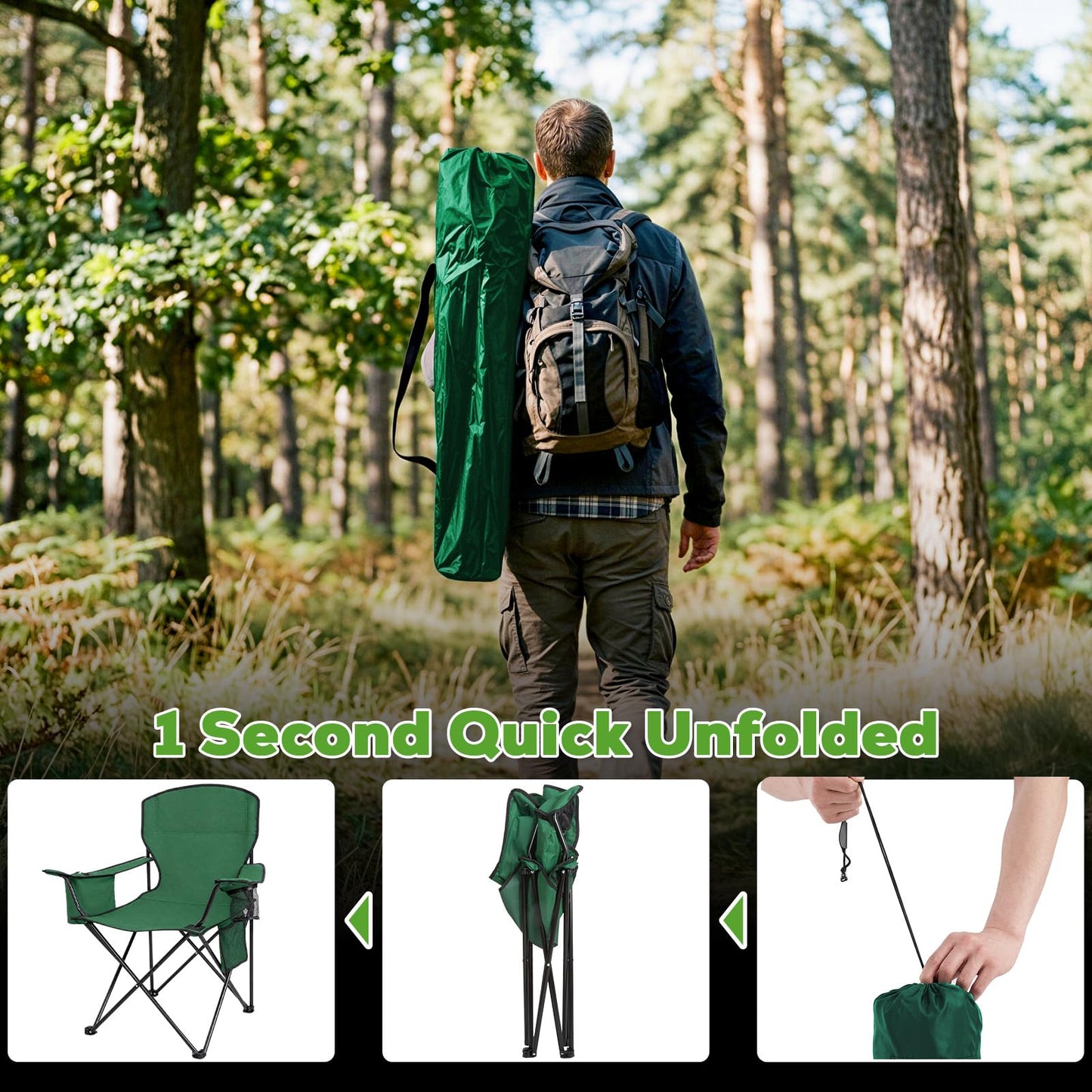 Kamglide 2-Pack Heavy Duty Camping Chairs, 400 LBS Capacity Folding Outdoor Chair with Cooler Bag &