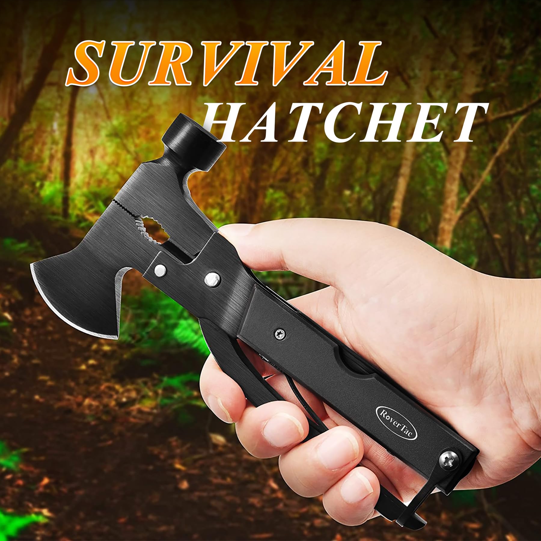 RoverTac 14-in-1 Multitool Camping Axe – Multi Tool with Knife, Hammer, Saw, Screwdrivers, Bottle