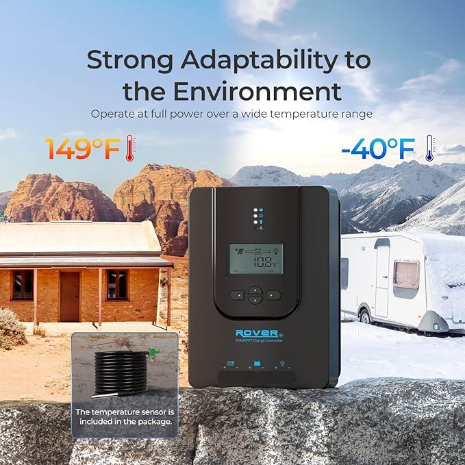 Renogy Solar Charge Controller (Bluetooth) -Rover 30A 12V24V Auto DC Input MPPT Charge Controllers for Solar Panels Adjustable LCD for Gel Sealed Flooded Lithium Batteries