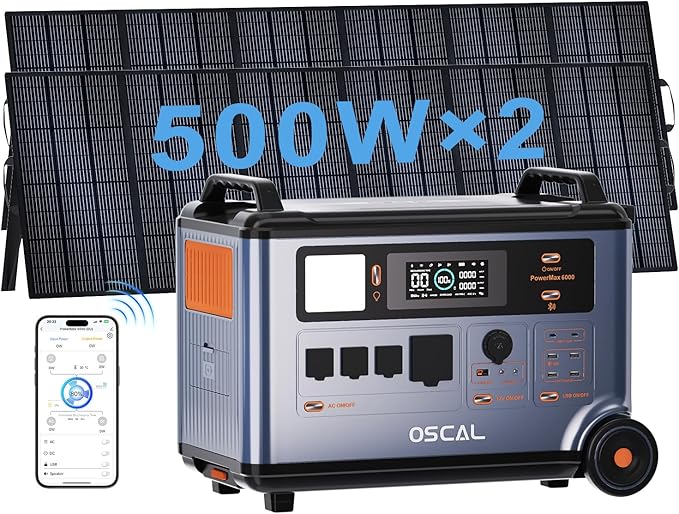 OSCAL Promax6000 Solar Generator with 2x500W Solar Panel,120V/240V Dual Voltage 6000W(Peak 7200w) Portable Power Station,3600WH Lifepo4 Battery 14 Outlets,2200W 1.96H Fast Charge,for Home Backup,RV.