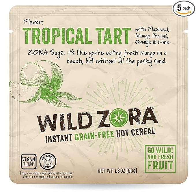 Wild Zora Instant Grain-Free Hot Cereal - Tasty Paleo Friendly Cereals, Instant Hot Meal, Breakfast to Go, Oatmeal Substitute, No Added Sugar, Grain, Dairy, or Soy, Gluten Free, Tropical Tart, 5-pack