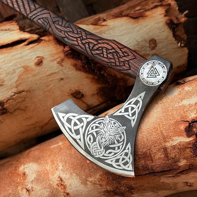 [MDM King Tools] Custom Handmade Viking Axe Medieval Ax with Viking Gift, Hand Axes, Viking Gifts for Men, Camping Tomahawk, Bearded, Ragnar Axe with Leather Sheath (Viking Ax)