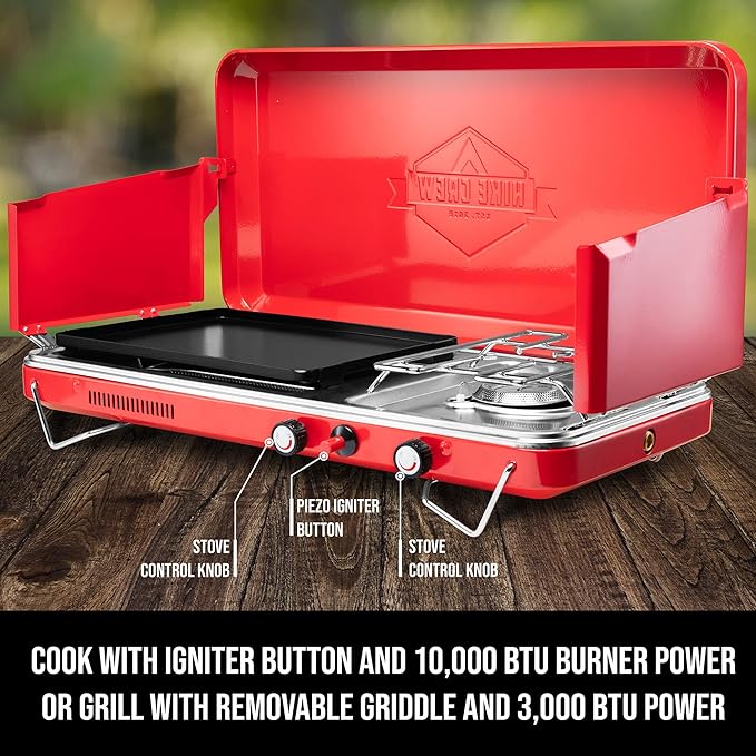 Hike Crew 2-in-1 Gas Camping Stove and Griddle, Portable Propane Burner w/Integrated Igniter & Stainless Drip Tray | Built-in Carrying Handle, Foldable Legs & Wind Panels | Includes Regulator