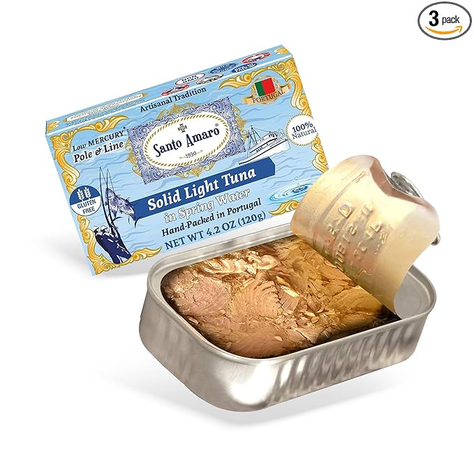 Santo Amaro - Artisanal Wild Tuna Fish in Spring Water, Pole & Line Wild Caught Tuna from Portugal, Hand-Packed Canned Tuna, Solid Light Tuna, Keto, 24g Protein, Low Mercury, 90 Calories, Pack of 3