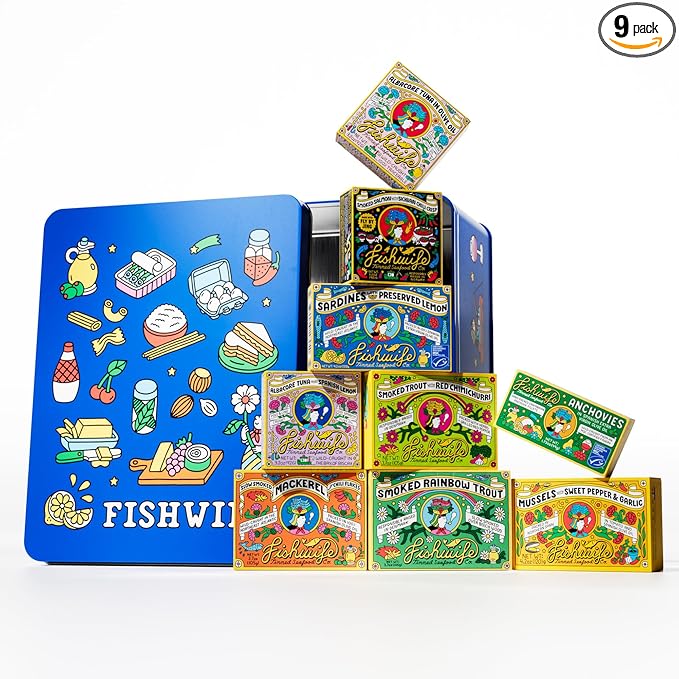 Fishwife Holiday Gift Tin Collection 9-Pack (Variety of Tinned Seafood including Smoked Salmon, Rainbow Trout, Sardines, Mussels, Tuna & More!) | Gluten Free, High Protein, Omega-3s
