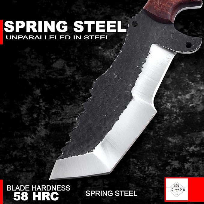 KIMPE 10.5?™â€?Hand-Forged Spring Steel Hunting Knife with Leather Sheath-Fixed Blade EDC Knife-Bushcraft Knives-Rose Wood Handle-Best Camping & Survival Knives-Knives for Men. (Spring Steel & Rose Wood)