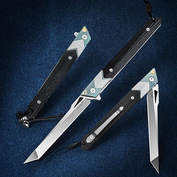 Folding Knife with Clip, 14C28N Steel Tanto Blade, Non-slip Titanium Alloy Handle Lightweight EDC Gentleman's Pocket Knife with Sheath for Belt