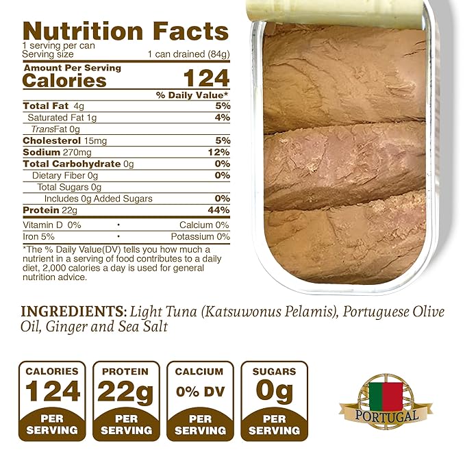 Santo Amaro - Artisanal Wild Tuna Fillets in Olive Oil & Ginger, Pole & Line Wild Caught Tuna from Portugal, Hand-Packed Bali-Style Canned Tuna Fish, 22g Protein, Paleo, Keto, Low Mercury, Pack of 3