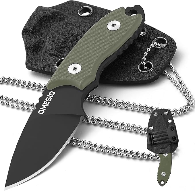Omesio Neck Knife with Sheath and Necklace, 5.43" Small Fixed Blade Knife, Full Tang with Clip, D2 Steel 2.17-Inch Blade, G10 Handle for Outdoor, Camping, EDC (Black Blade + Green Handle)