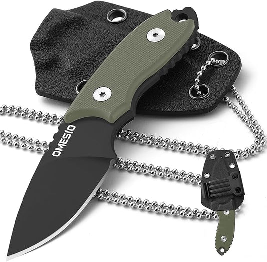 Omesio Neck Knife with Sheath and Necklace, 5.43" Small Fixed Blade Knife, Full Tang with Clip, D2 Steel 2.17-Inch Blade, G10 Handle for Outdoor, Camping, EDC (Black Blade + Green Handle)