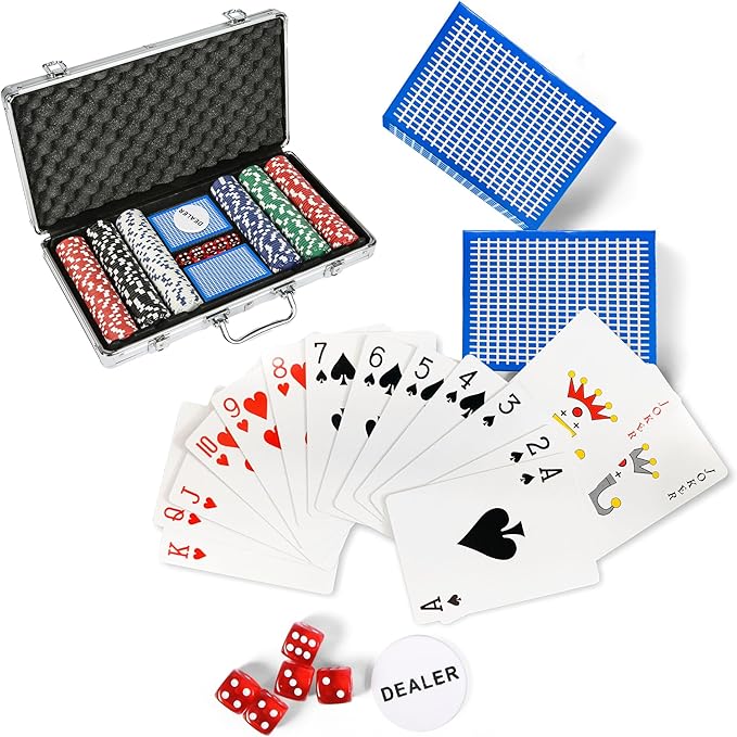 LUCKYERMORE 300 PCS Poker Chips Set 11.5 Gram Poker Set Casino Clay Poker Chips Poker Sets with Case for Texas Holdem Gambling Blackjack 1 Dealer Buttons, 2 Decks