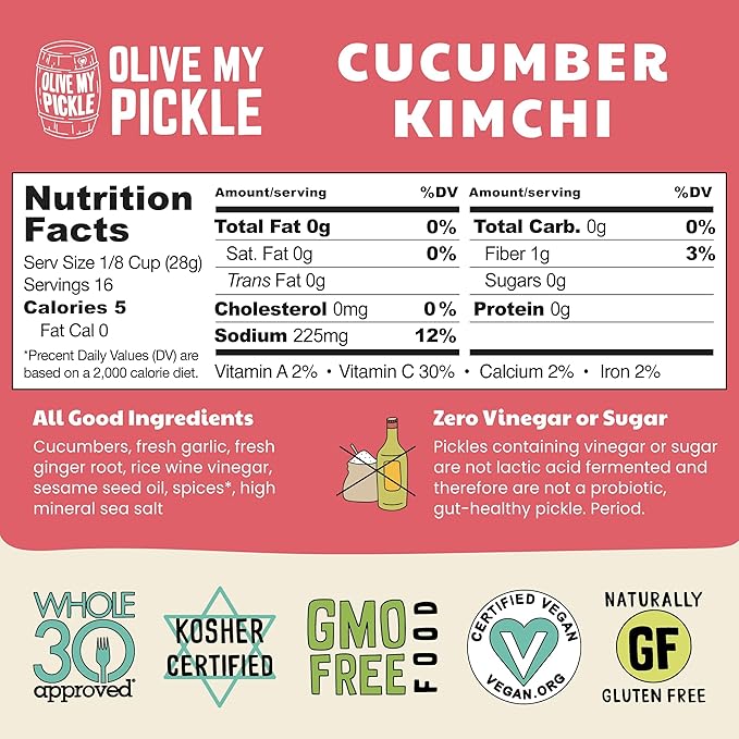 Olive My Pickle Organic Kimchi Fermented - 16 oz | 1-Pack of Probiotic Cucumber Kimchi Vegan | Fresh Korean Kimchi with Natural Probiotics for Gut Health - Perfect for Ramen & Spicy Kimchi Noodles