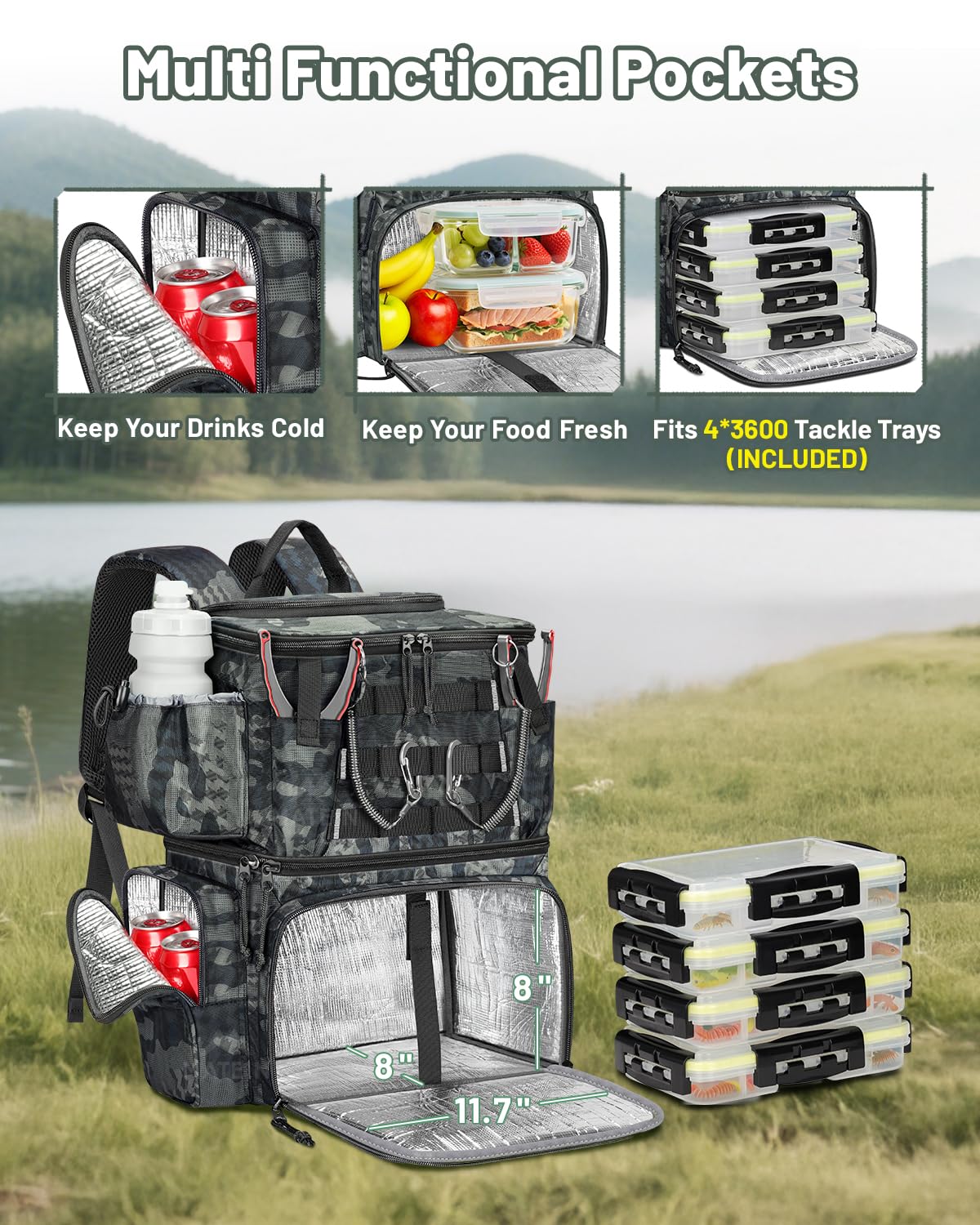MATEIN Cooler Fishing Backpack with 4 Tackle Boxes, Fishing Bag Rod Holders