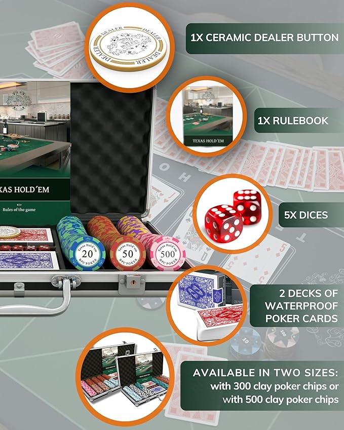 Bullets Poker Set with Designer Case Carmela ??Deluxe Set, Chips and Cards, Rules Manual, Dealer Button and Bullets Plastic Playing Cards ??Comes with a Case, 300 Clay Poker Chips.