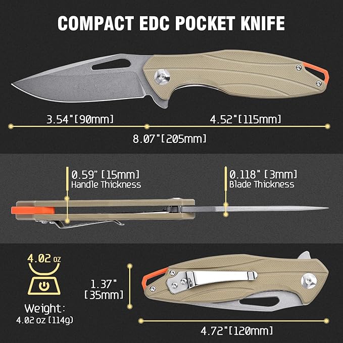 Folding Pocket Knife with D2 Steel Blade, G10 Handle, Black, 3.43 Inch EDC Knife, Pocket Clip for Camping, Survival, Hiking