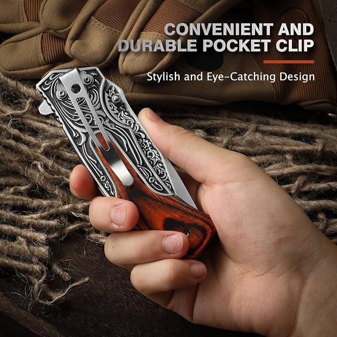 Pocket Knife for Men, 8.7" Folding Knife, 440 Stainless Steel Blade, 0.19lb, Wood Handle with 3D Retro Embossed Pattern, EDC Folding Knife for Work, Camping, Christmas Gifts