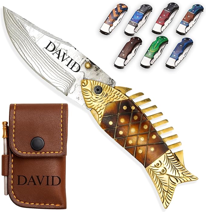 Personalized Folding Knife, Damascus Fish Style Pocket Knife, Custom Gift for Husband, Grandpa, Brother, Uncle, Groomsmen, Folding Knife for Father’s Day, Birthday, Anniversary, Christmas Gift