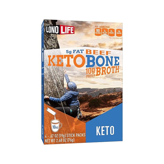 LonoLife Keto Beef Bone Broth Powder Mix | Grass-Fed, 10g Protein | Collagen-Rich, Keto & Paleo Friendly | Natural Ingredients | 4 Portable Stick Pack Servings