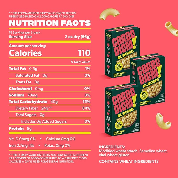Carbe Diem!, Elbows, Lower Net Carb Pasta with Traditional Flavor & Texture, 8 grams of Protein, 55% Fewer Net Carbs & Only 110 Calories Per Serving, Pack of 3