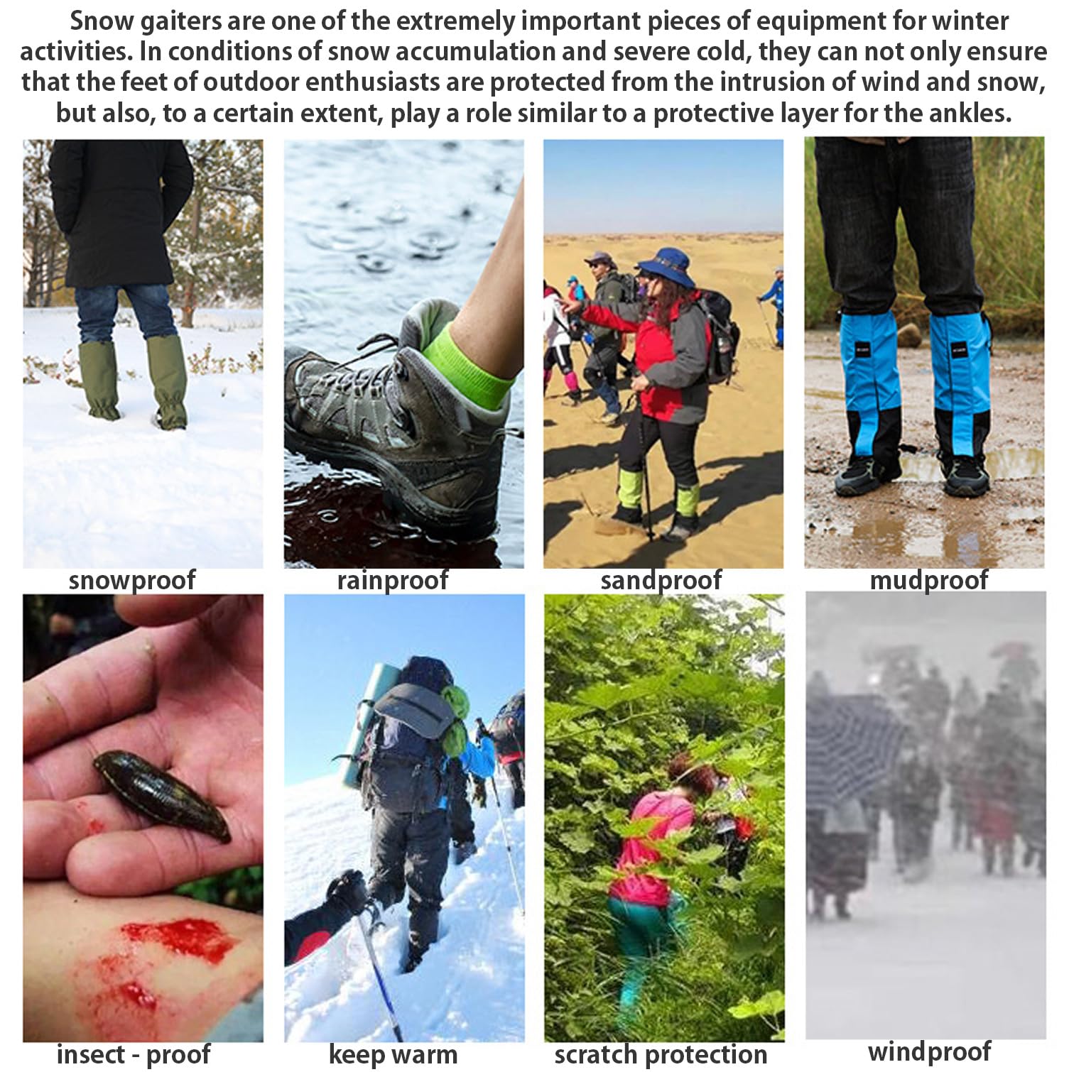 Winter Snow Gaiters for Hiking - Waterproof Ankle Covers for Snow Trekking, Skiing - Universal Fit