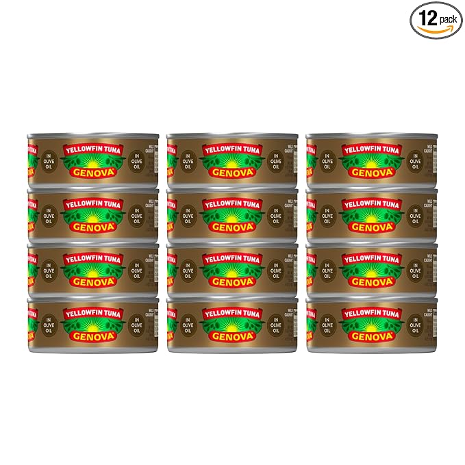 Genova Premium Yellowfin Tuna in Olive Oil, 5 Ounce Cans, 12-Pack ??Nutrient Rich, High Protein Canned Tuna Fish - Delicious, Easy, Nutritious Ready to Eat Meals