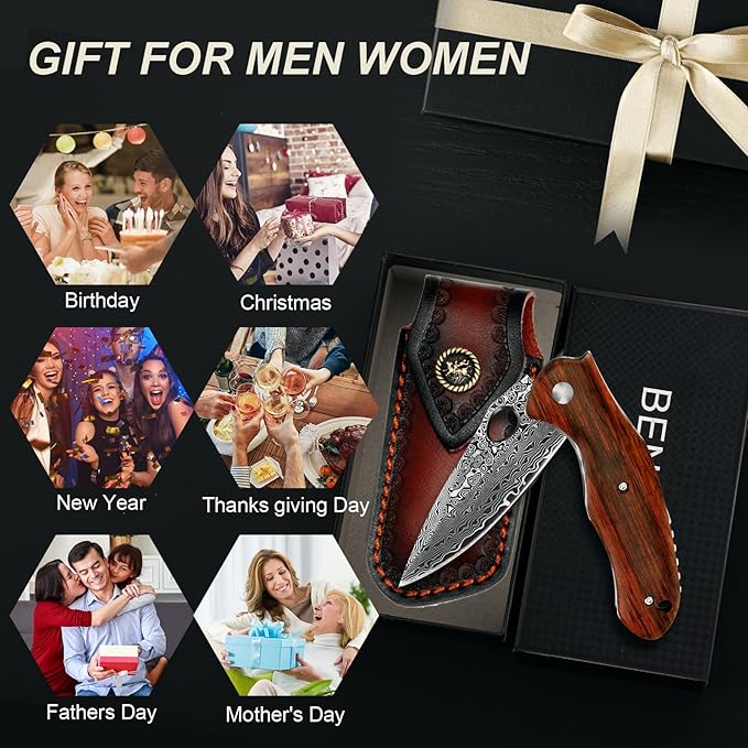 Benkey Damascus Folding Knife, Sharp VG10 Core Damascus Steel Pocket Knives with Natural Wood Handle, Quality Leather Sheath, Ball Bearing, Liner Lock, Lightweight Pocket Knife for EDC Men Women