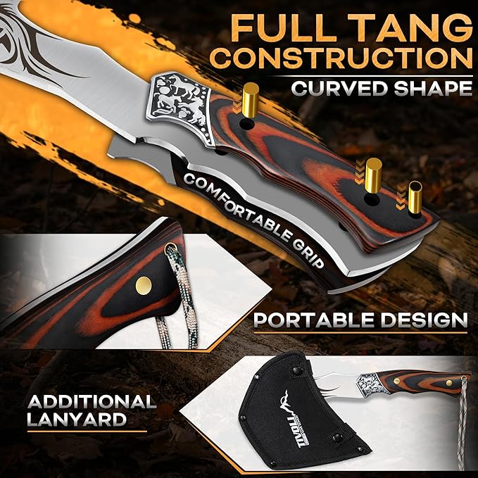 TIVOLI Camping Axe, Lion - Patterned Survival Hatchet with Nylon Sheath, High Carbon Steel Blade Compact Outdoor Bushcraft Axe with Ergonomic Wood Grip, Camping Gear for Hiking, Chopping, Hunting
