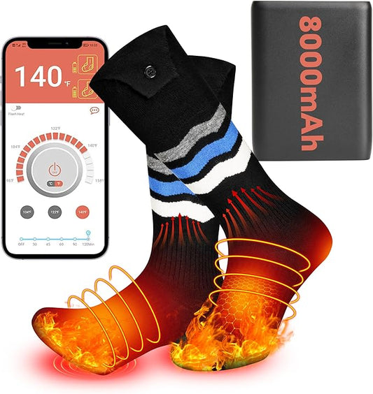 Heated Socks, Heated Socks for Men Women with APP Control, 8000mAh Rechargeable Electric Up to 10 Hours Washable Winter Warm Socks Foot Warmer for Skiing Cycling Camping