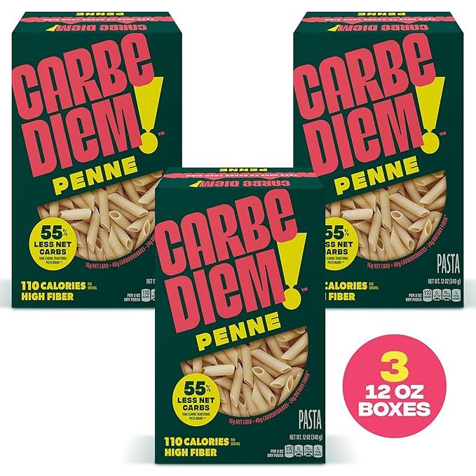 Carbe Diem!, Penne, Lower Net Carb Pasta with Traditional Flavor & Texture, 8 grams of Protein, 55% Fewer Net Carbs & Only 110 Calories Per Serving, Pack of 3