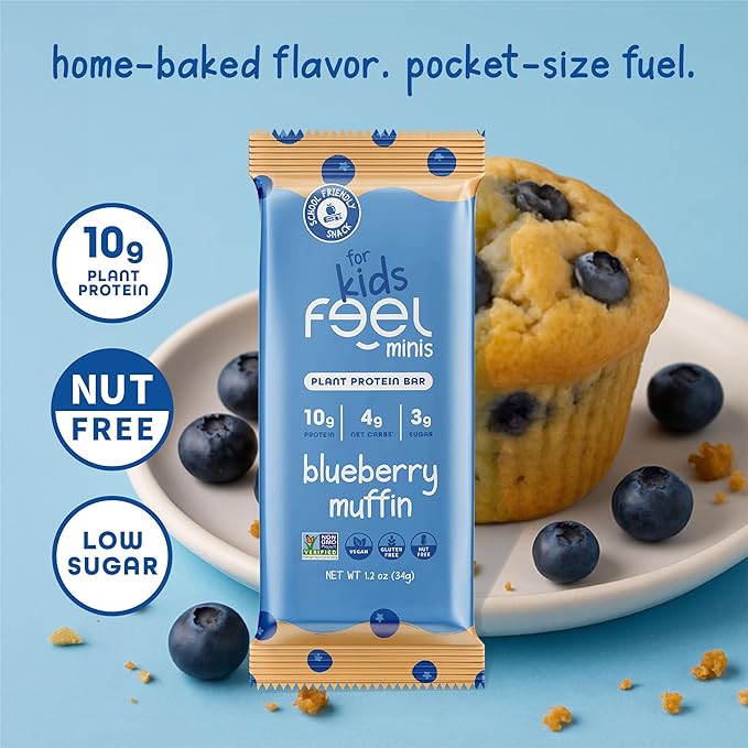 Feel Bar Minis ??Kids Protein Bars | Blueberry Muffin | 10g Plant Protein | 100 Calories | No Added Sugar | + Daily Veggies | Gluten Free, No Nuts, No Soy, No Dairy, No Grains (12 Pack)