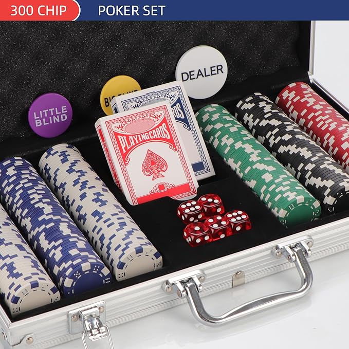 300Pcs Poker Chips Set for Texas Holdem,Blackjack,Professional Poker Kit with Aluminum Case,2 Decks Cards,Dealer,Big Small Blind Buttons and 5 Dice,11.5 Gram Gambling Chips for Casino Games