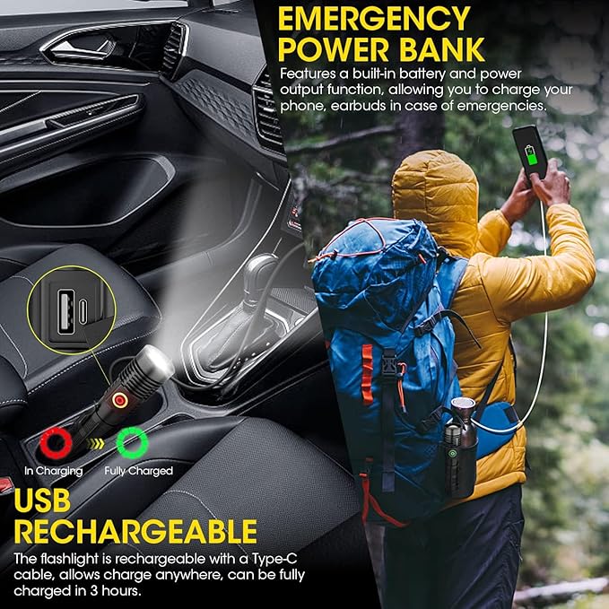 Rechargeable Flashlight High Lumens, High Lumens Super Bright Magnetic Flash Light, Long-Range Zoomable LED Flashlights for Emergency, Searching, Waterproof Flashlight Dimmable