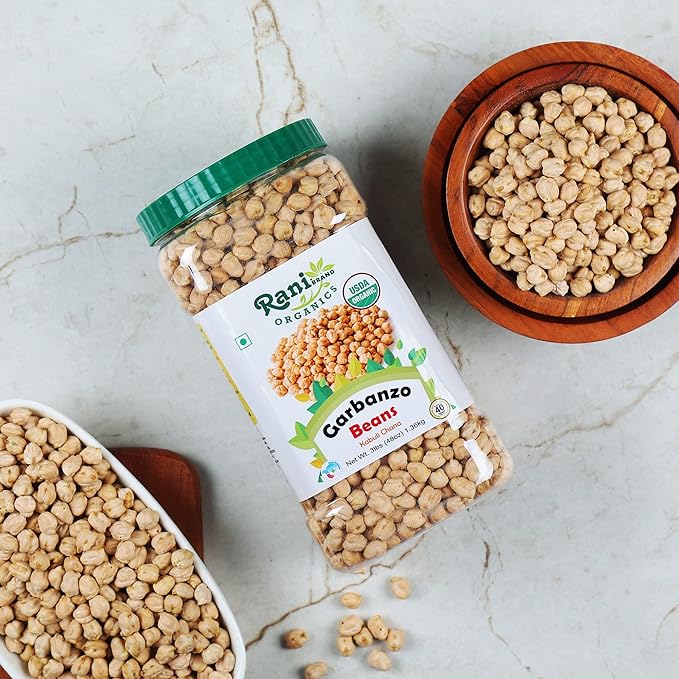 Rani Organic Garbanzo Beans (Kabuli Chana) 48oz (3lbs) 1.36kg Bulk PET Jar ~ All Natural | Vegan | Gluten Friendly | NON-GMO | Indian Origin | USDA Certified Organic
