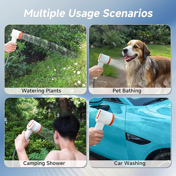 Rocalt Portable Camping Shower, Handheld Electric Shower with LED Light and USB-C, Integrated Design of Water Pump with Filtration, IPX6 Waterproof Outdoor Shower for Hiking, Pet Cleaning, Travel, Car