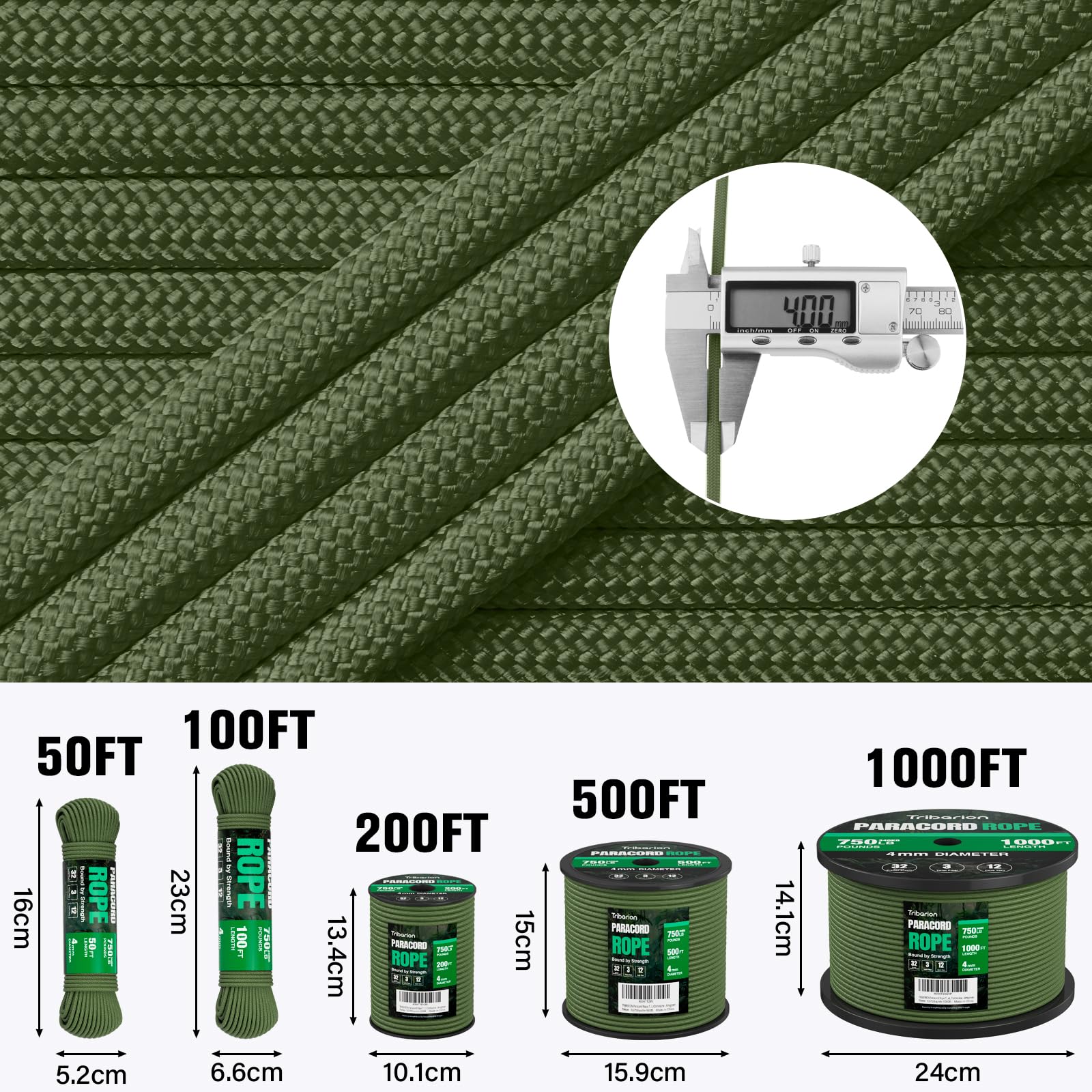 TRIBERION Paracord Rope 750 lb - 1000ft / 500ft / 200ft / 100ft 5/32" Parachute Cord 4MM 12-Strand